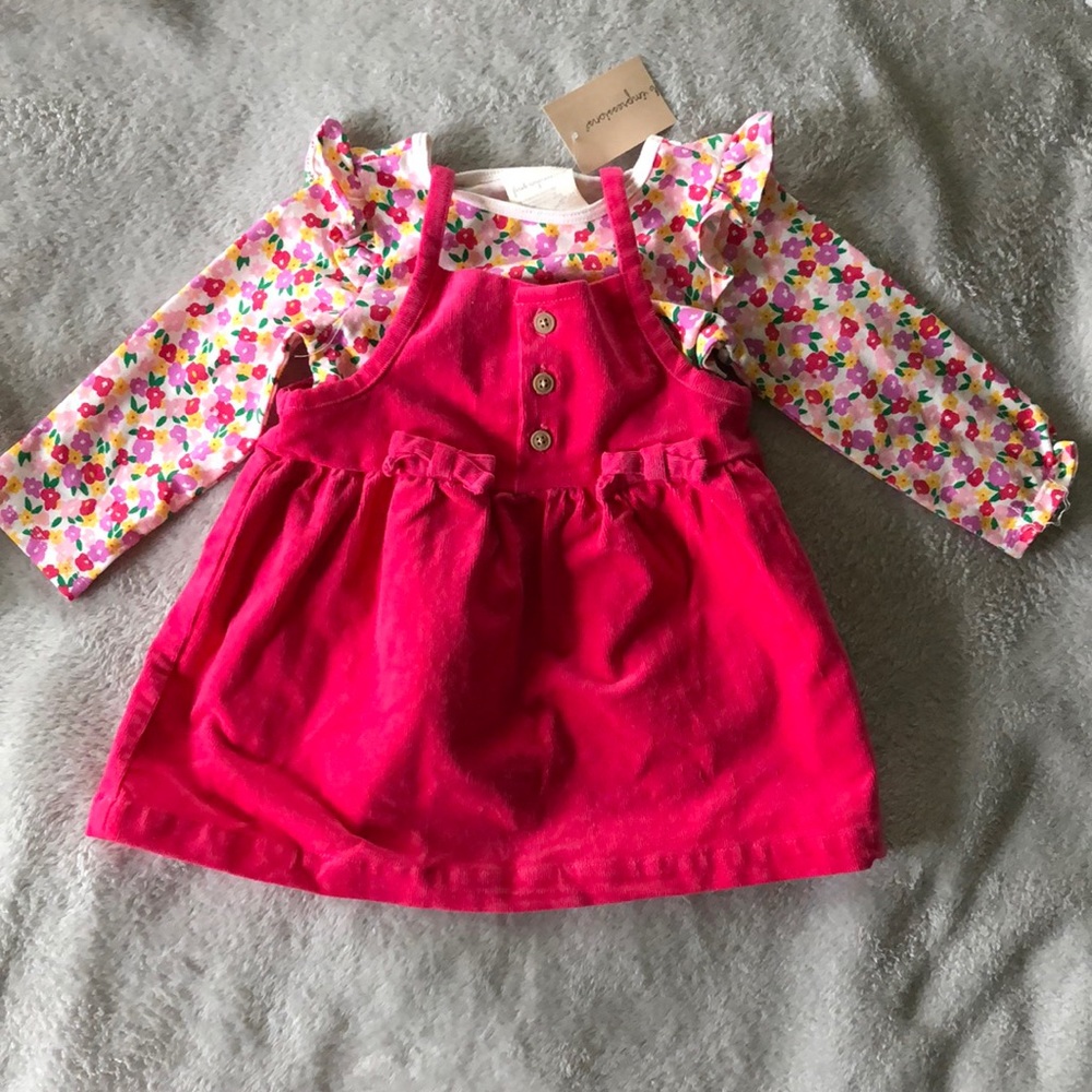 Corduroy dress and flowered shirt